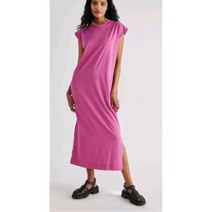 Free People Beach Large All Day Long Midi Shirt Dress Pink Slits Pockets